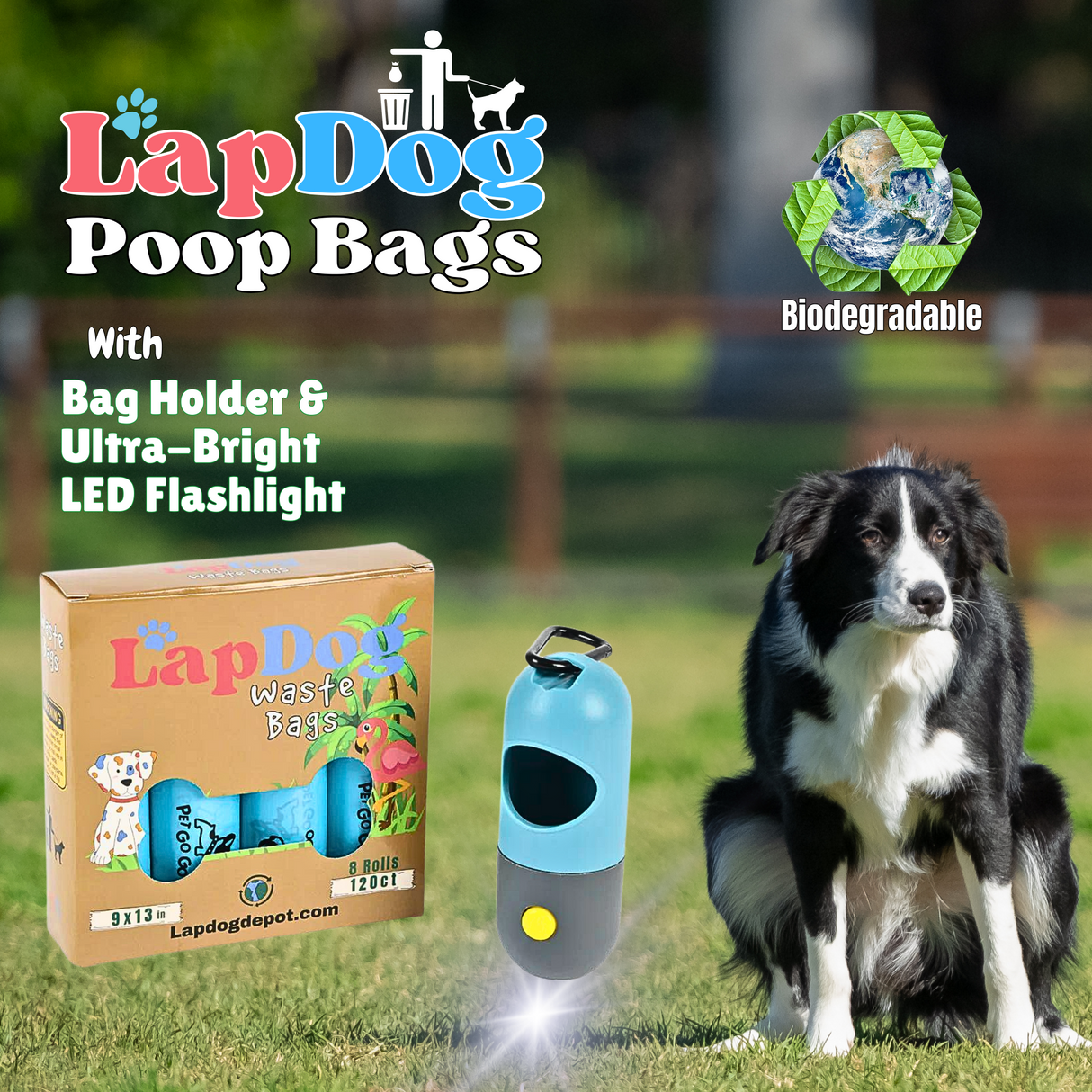 Box of Dog Waste Bags with LED Flashlight Holder