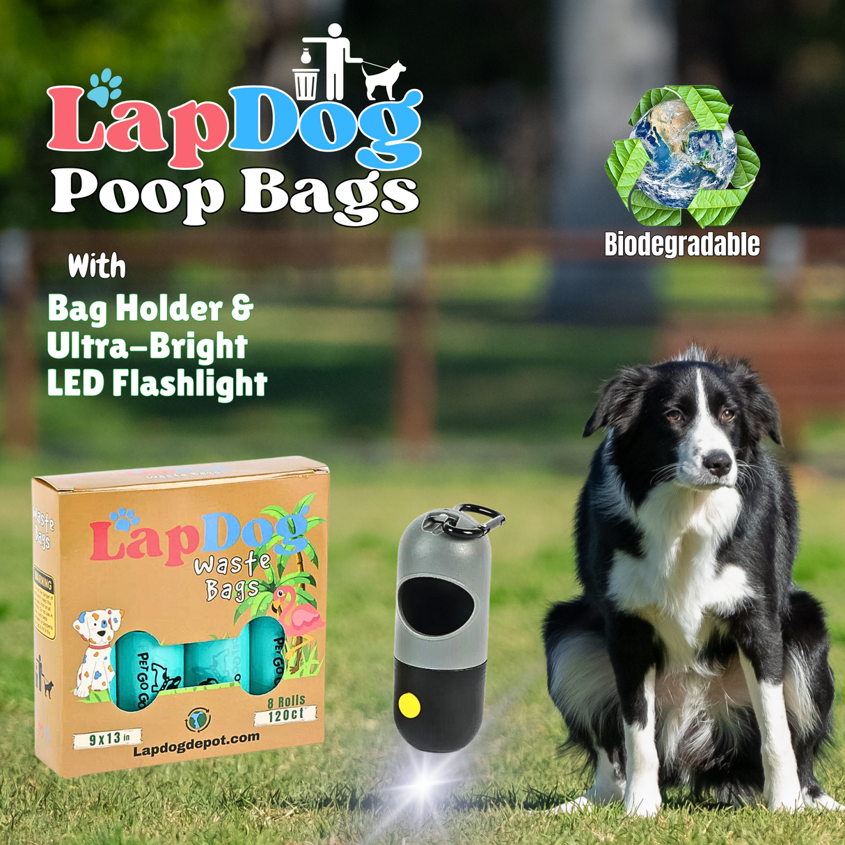 Box of Dog Waste Bags with LED Flashlight Holder