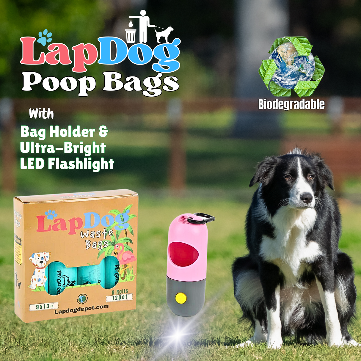 Box of Dog Waste Bags with LED Flashlight Holder