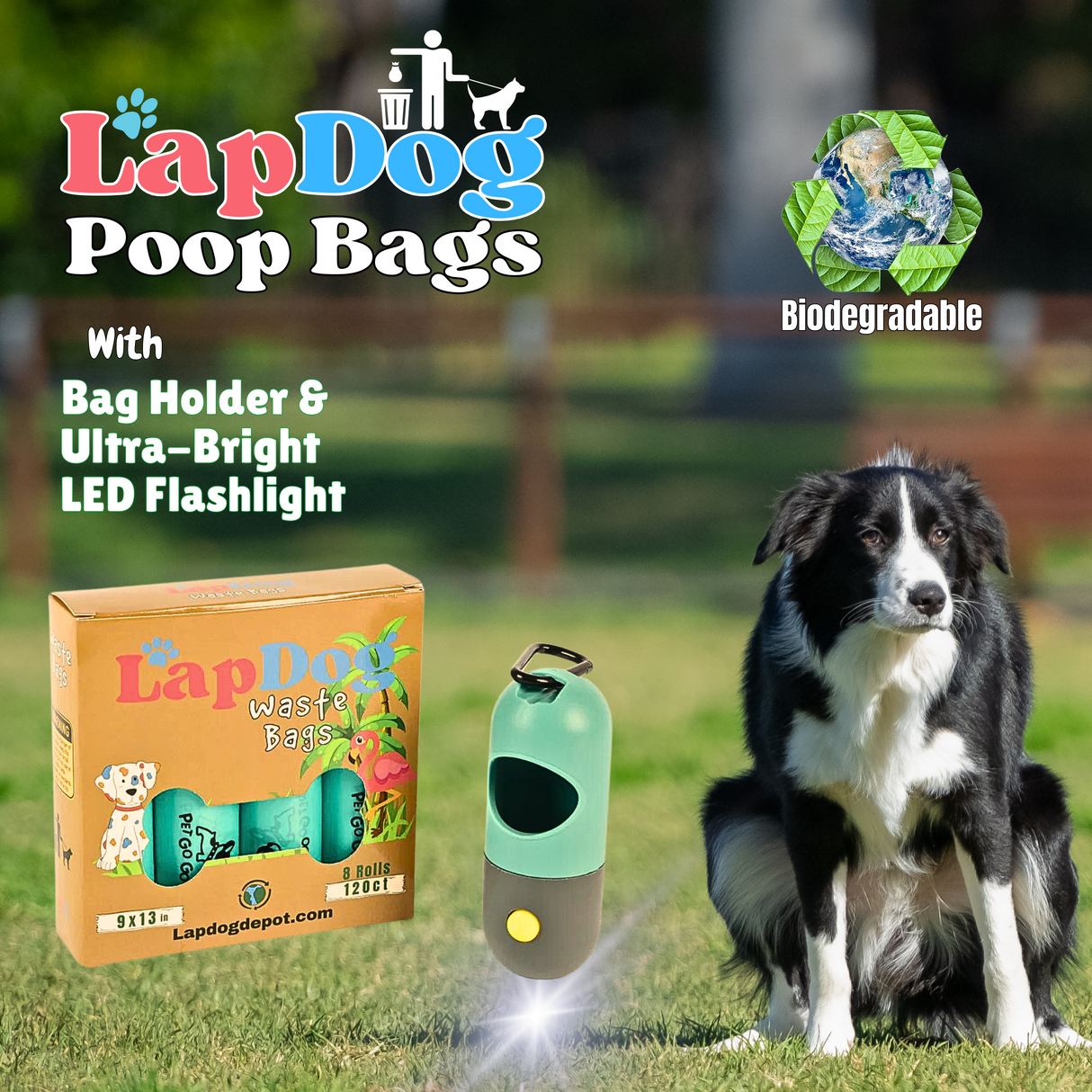 Box of Dog Waste Bags with LED Flashlight Holder